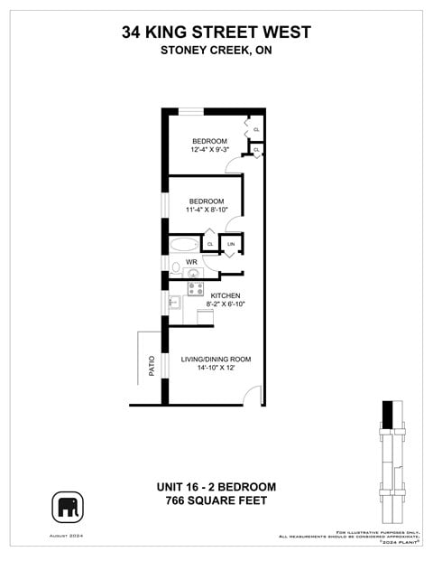 Floor plan for 2 beds, 1 bath, 766 sqft